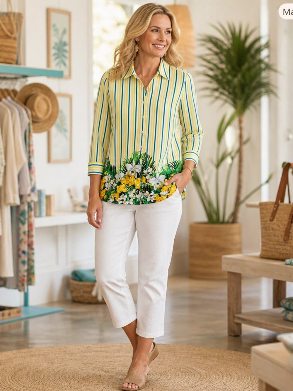 d&co Yellow Striped Floral‑Hem Button‑Down Shirt | Size L | Like New |